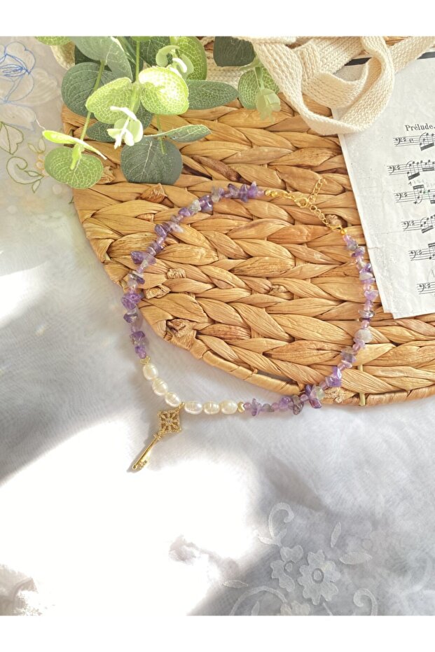 Zircon Stone Gold Key Necklace with Amethyst Stone and Real Pearl