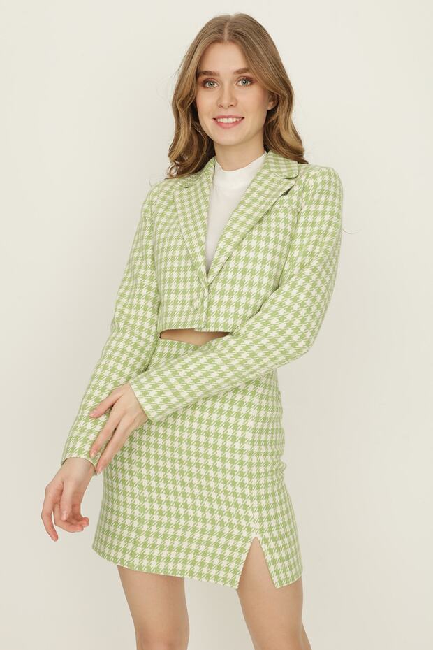 Women's Green Houndstooth Pattern Crop Jacket - 1