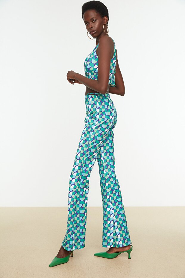 Yeşil Geometrik Desenli Örme Pantolon TPRSS22PL0052 - 5