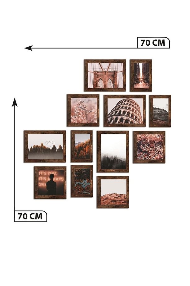 12 Parça Ahşap Tablo Seti Duvar Dekoru - Pisa Kulesi Salon Oturma Yatak Odası Için 70x70 Cm - 4