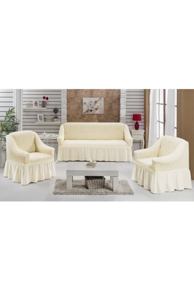 Bürümcük Cotton (3-1-1) Sofa Cover Set with Skirt Sofa Cover (Cream Color)