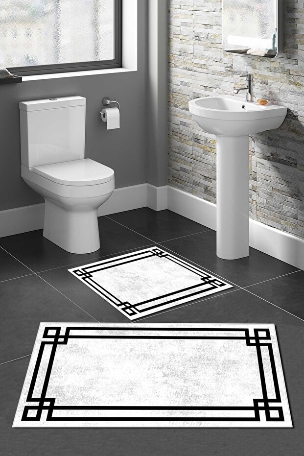 Non-Slip Base Washable Set of 2 White Bath Mat Bathroom Mat Set Toilet Seat Set