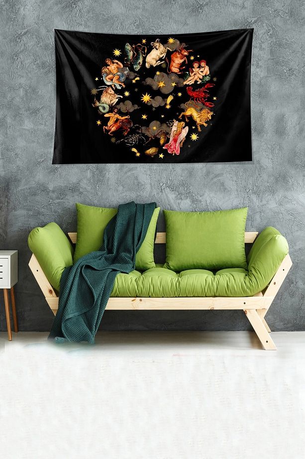 Astrolojik Semboller Desenli Leke Tutmaz Kadife Dokulu Kumaş Duvar Örtüsü Duvar Halısı Tapestry - 1