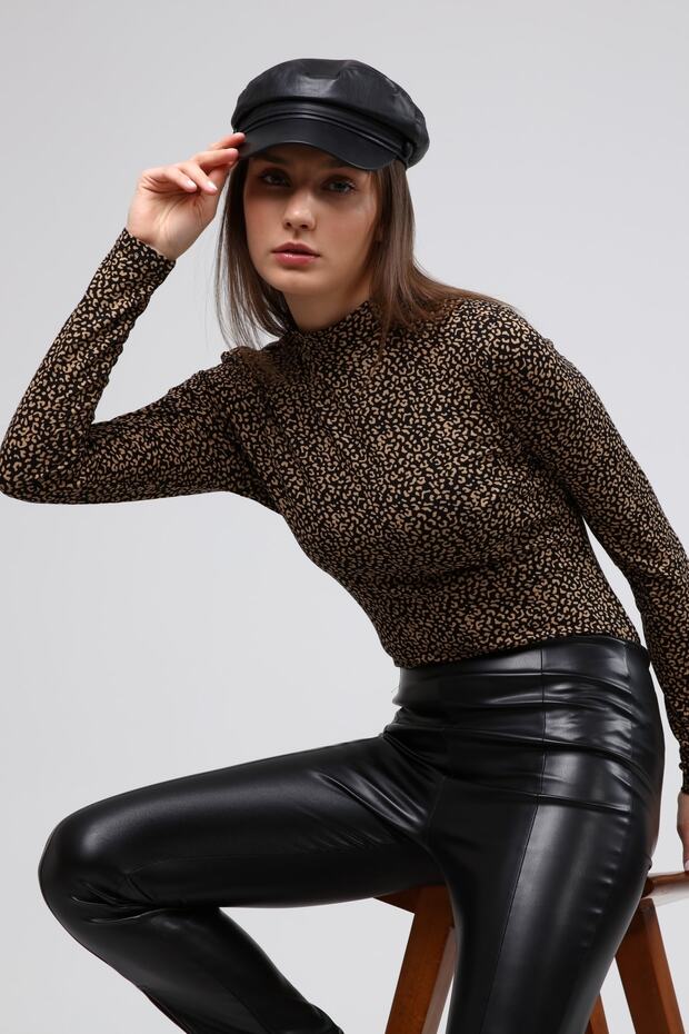 Women's Camel Black Half Turtleneck Leopard Patterned Blouse