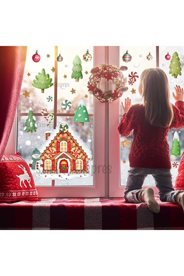Candy House And Pine Trees Christmas New Year Themed Glass Wall Door Sticker Set