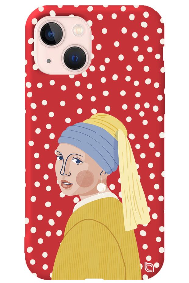 iPhone 13 Red Colored Pearl Earring Girl Velvet Patterned Silicone Phone Case