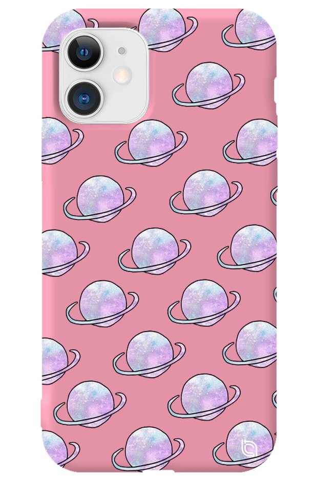 iPhone 12 Pink Colored Saturn Velvet Patterned Silicone Phone Case