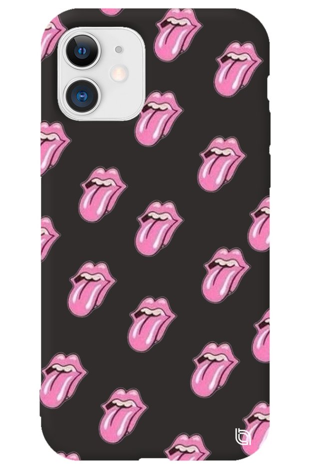 iPhone 12 Black Colored Lips Lip Velvet Patterned Silicone Phone Case