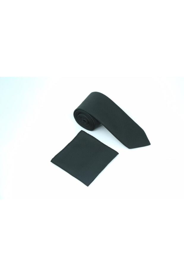 Siyah Çizgili Kravat Mendil Set - 3