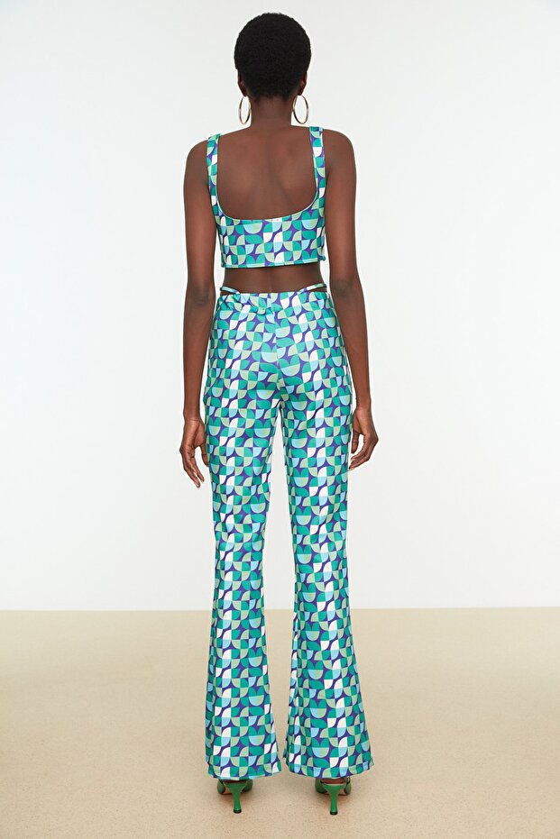 Yeşil Geometrik Desenli Örme Pantolon TPRSS22PL0052 - 6