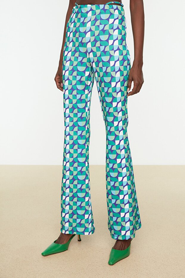 Yeşil Geometrik Desenli Örme Pantolon TPRSS22PL0052 - 4