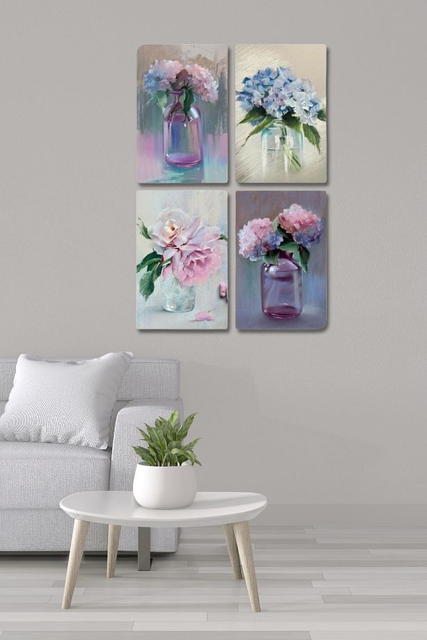 4'lü Ahşap Tablo Seti - Vazoda Çiçekler Salon Oturma Yatak Odası Mutfak Için Duvar Dekoru 30x45cm - 1