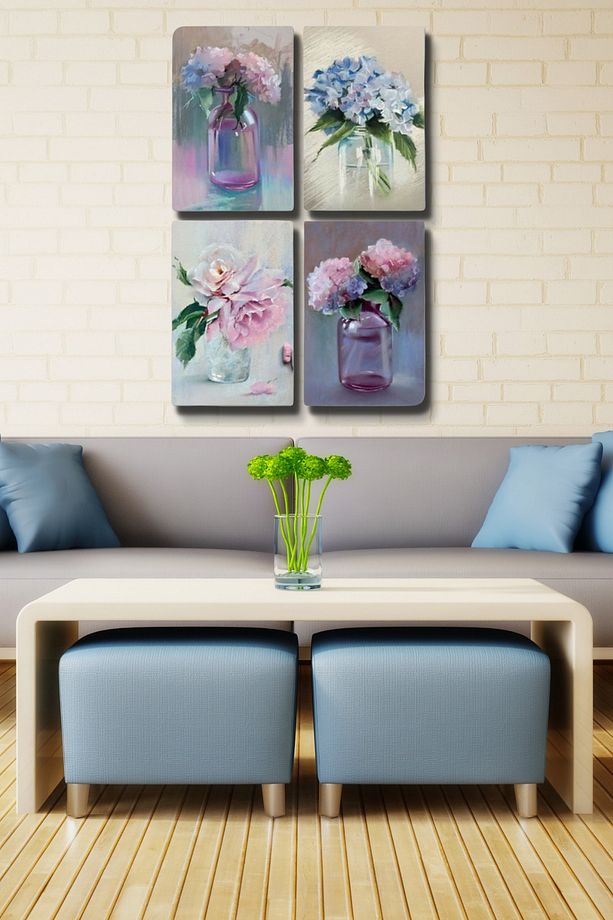 4'lü Ahşap Tablo Seti - Vazoda Çiçekler Salon Oturma Yatak Odası Mutfak Için Duvar Dekoru 30x45cm - 3