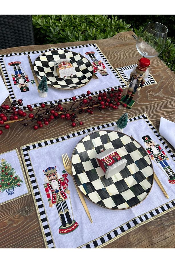 Nutcrackers Işlemeli Siyah Beyaz Amerikan Servis - 2 Adet %100 Keten Kumaş Supla - 3
