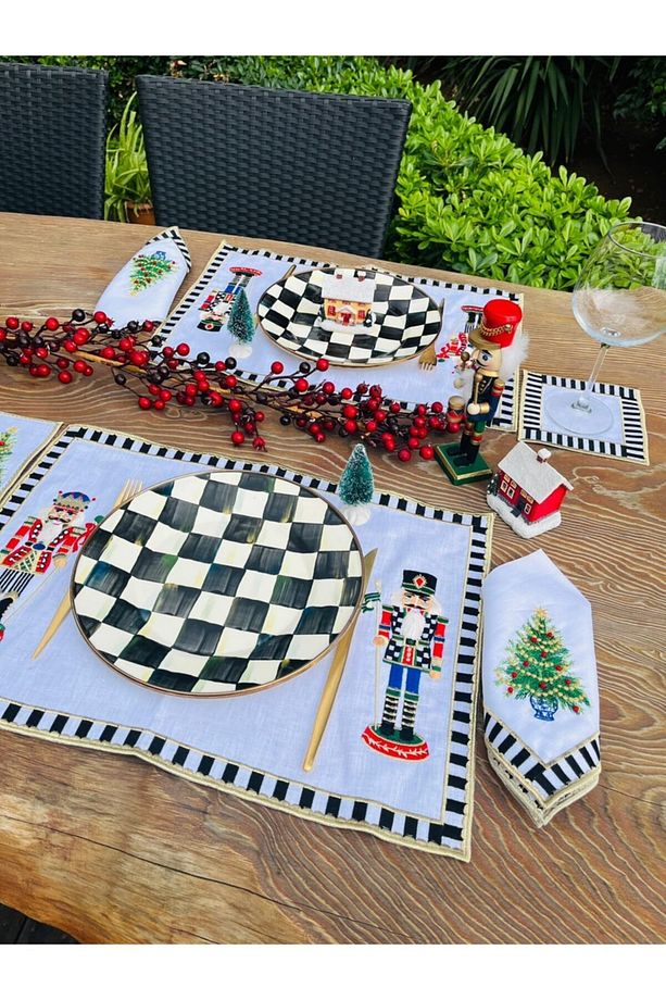 Nutcrackers Işlemeli Siyah Beyaz Amerikan Servis - 2 Adet %100 Keten Kumaş Supla - 7