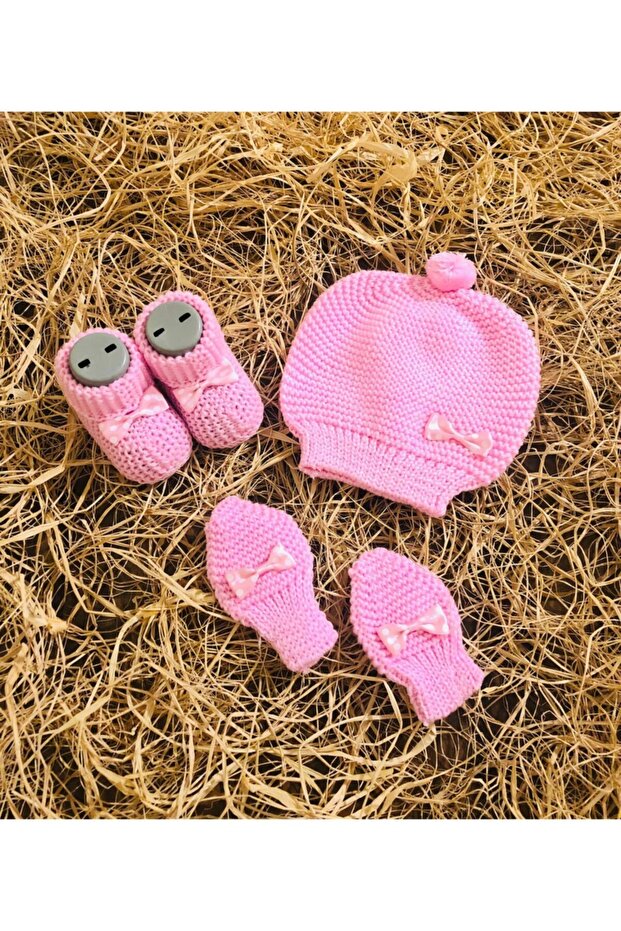 Newborn Baby Girl Pink Bow Knitwear Beanie Gloves Booties Set 0-3