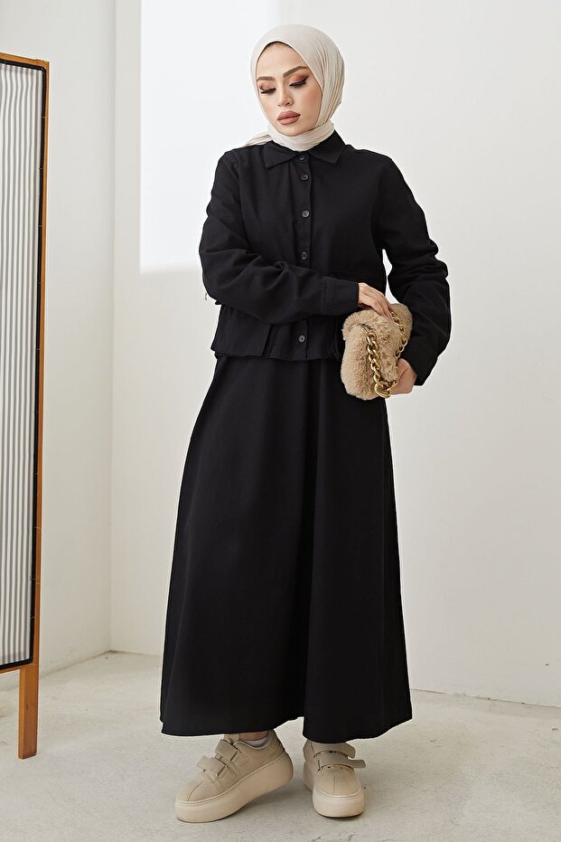 بدلة إلسا كتان بأزرار - أسود - 1