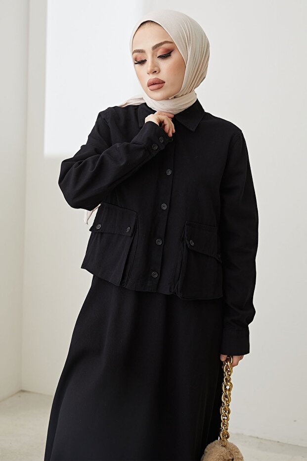 بدلة إلسا كتان بأزرار - أسود - 2