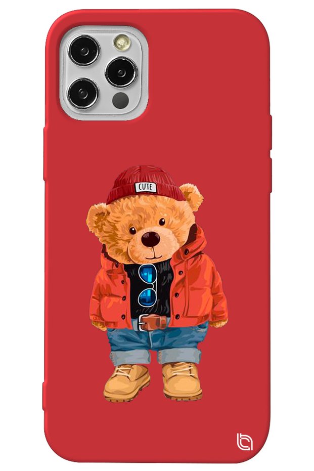 iPhone 13 Pro Max Red Color Premium Velvet Teddy Bear Patterned Silicone Phone Case