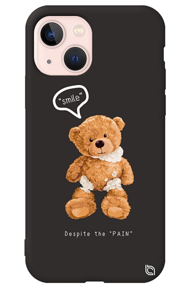 iPhone 13 Black Color Premium Velvet Inside Teddy Bear Patterned Silicone Phone Case