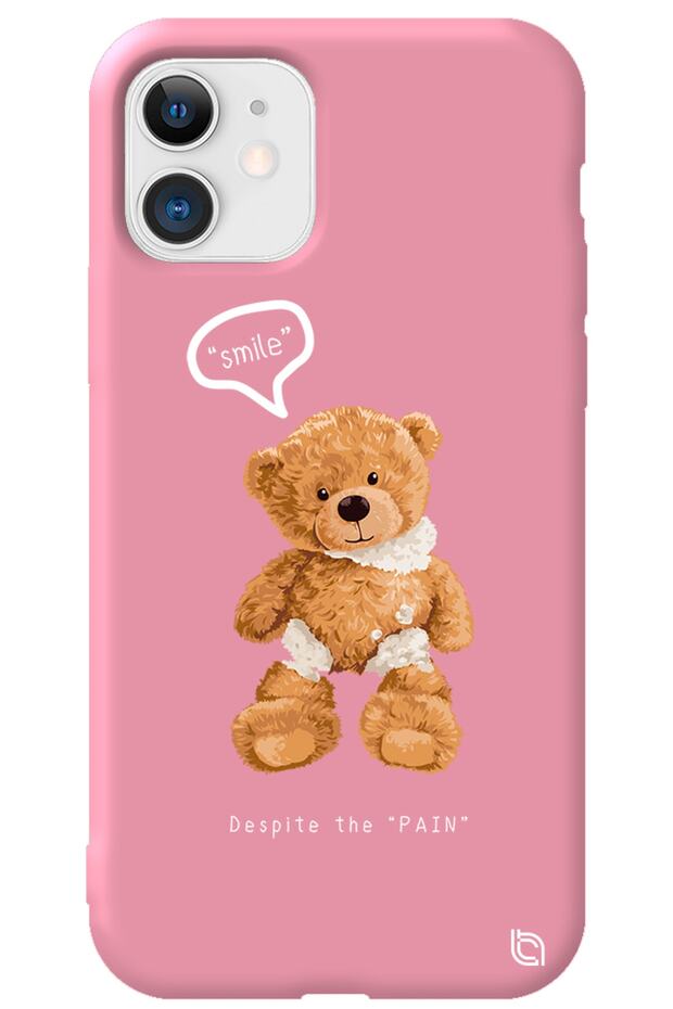iPhone 12 Pink Color Premium Velvet Inside Teddy Bear Patterned Silicone Phone Case