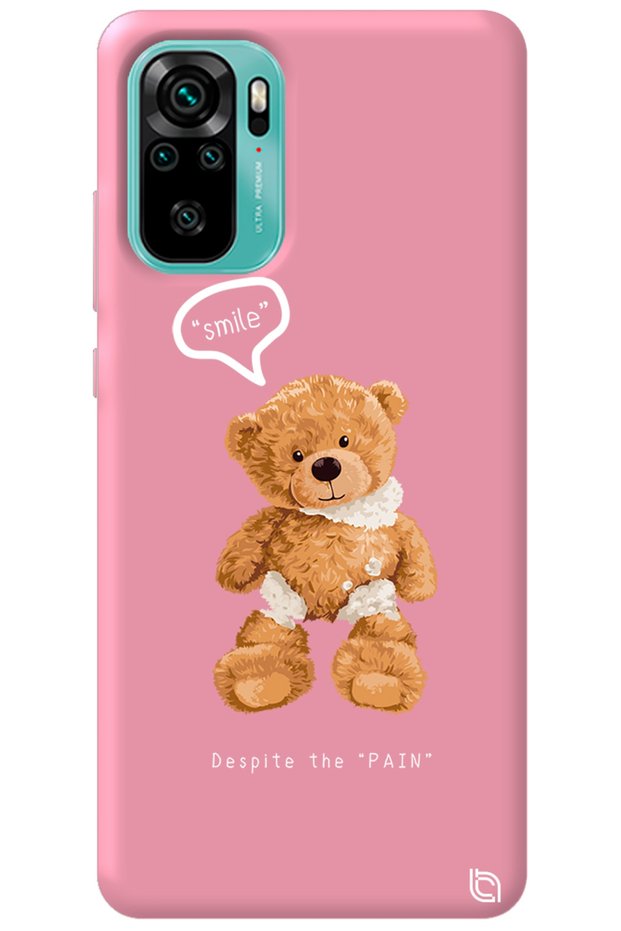 Xiaomi Redmi Note 10s Pink Color Premium Silicone Phone Case with Velvet Inside Teddy Bear Pattern