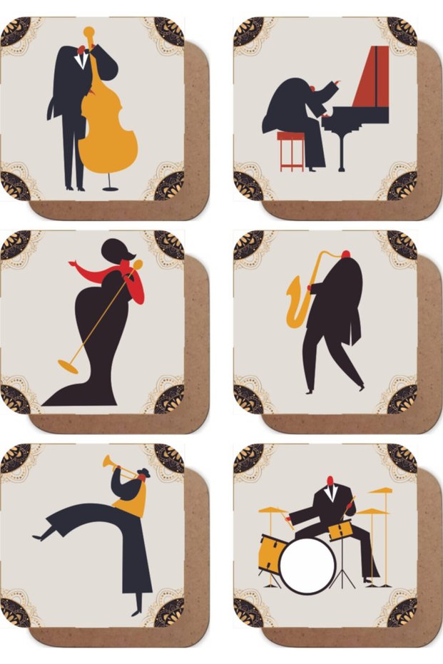 Jazz Music Musicians Set of 6 Retro Wooden Coasters