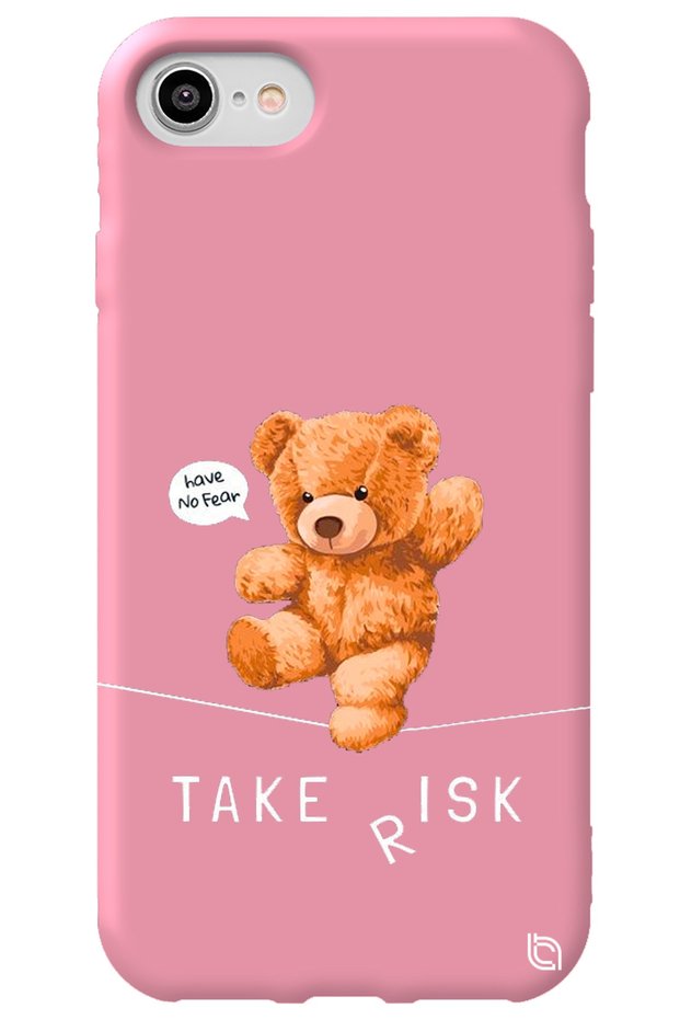 Iphone 7 Pink Color Premium Silicone Phone Case with Velvet Inside Teddy Bear Pattern