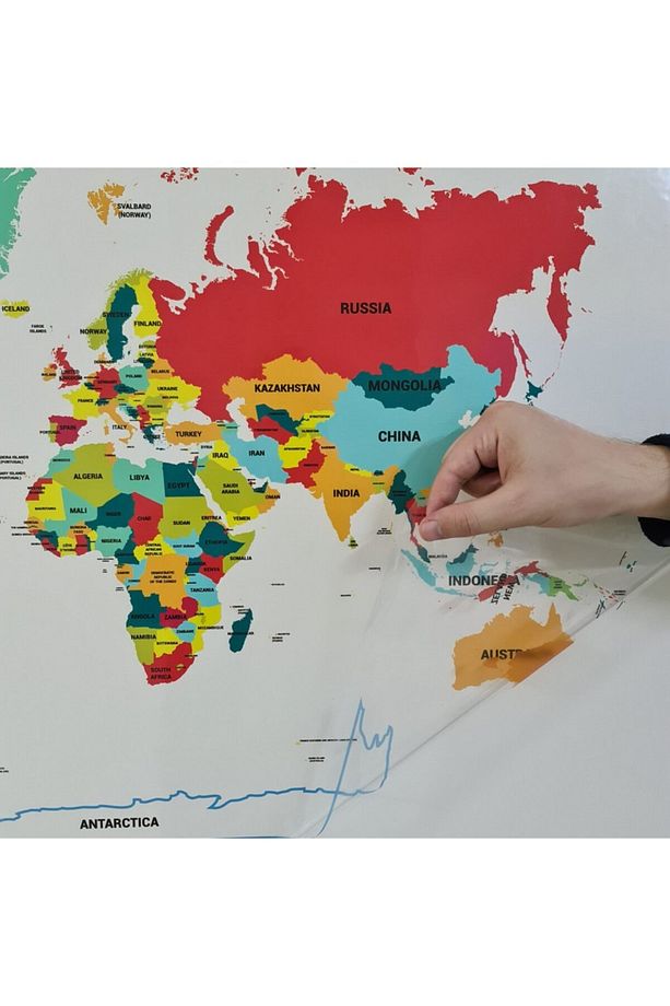 İngilizce Renkli Dünya Haritası 100x56cm Uv Baskı Statik Kağıt - 3