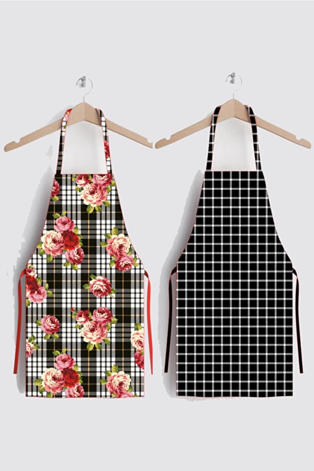Ays Home Set of 2 Plaid Black Kitchen Aprons