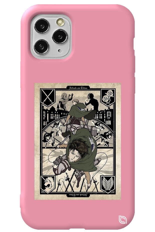 iPhone 11 Pro Max Pink Premium Velvet Inside Attack on Titan Patterned Silicone Phone Case