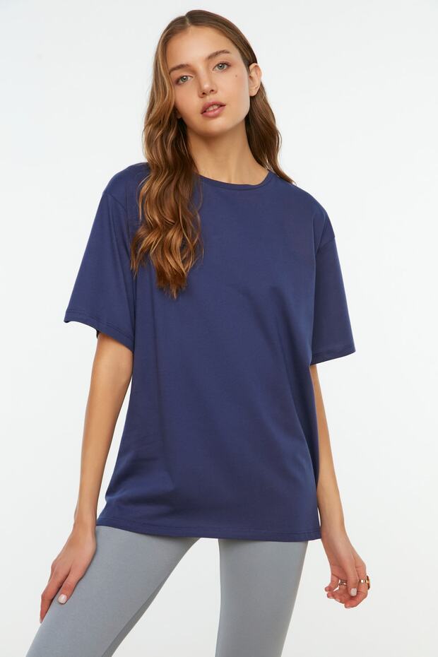 Lacivert %100 Pamuk Bisiklet Yaka Oversize/Geniş Kalıp Örme T-Shirt TWOSS20TS0134 - 12