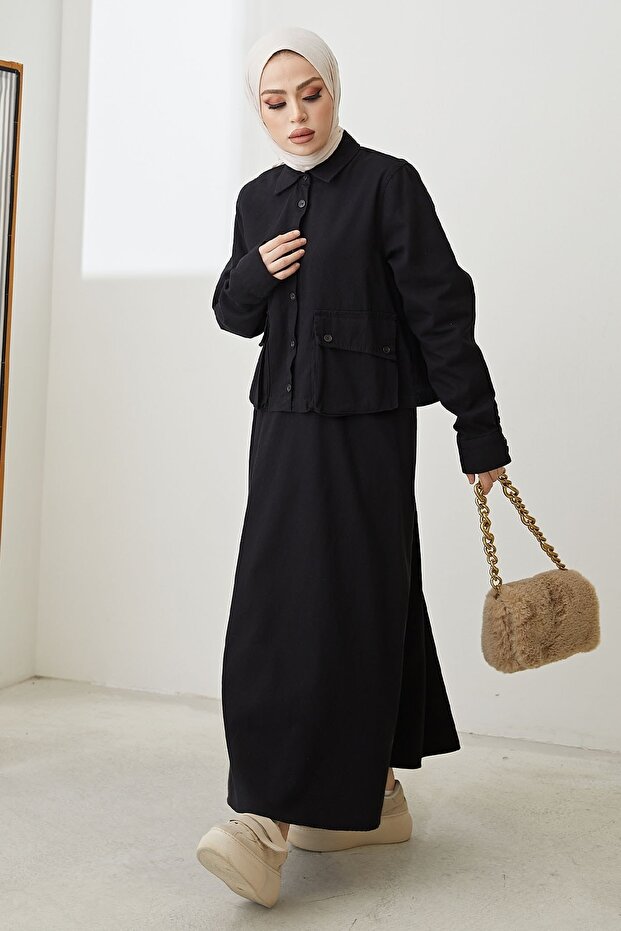 بدلة إلسا كتان بأزرار - أسود - 6