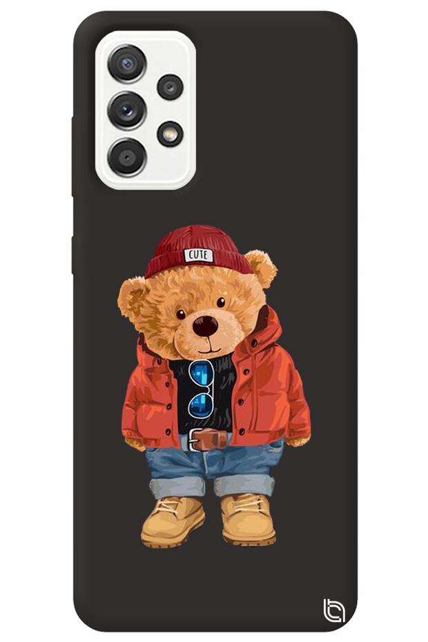 Samsung Galaxy A72 Black Color Premium Velvet Inside Teddy Bear Patterned Silicone Phone Case