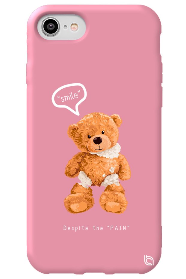 iPhone 8 Pink Color Premium Velvet Inside Teddy Bear Patterned Silicone Phone Case