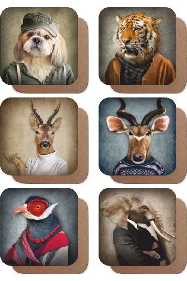 Animal Heads Illustration - Set of 2 Retro Wooden Coasters