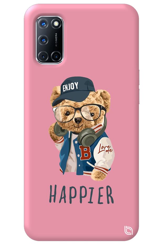 Oppo A72 Pink Color Premium Velvet Teddy Bear Patterned Silicone Phone Case