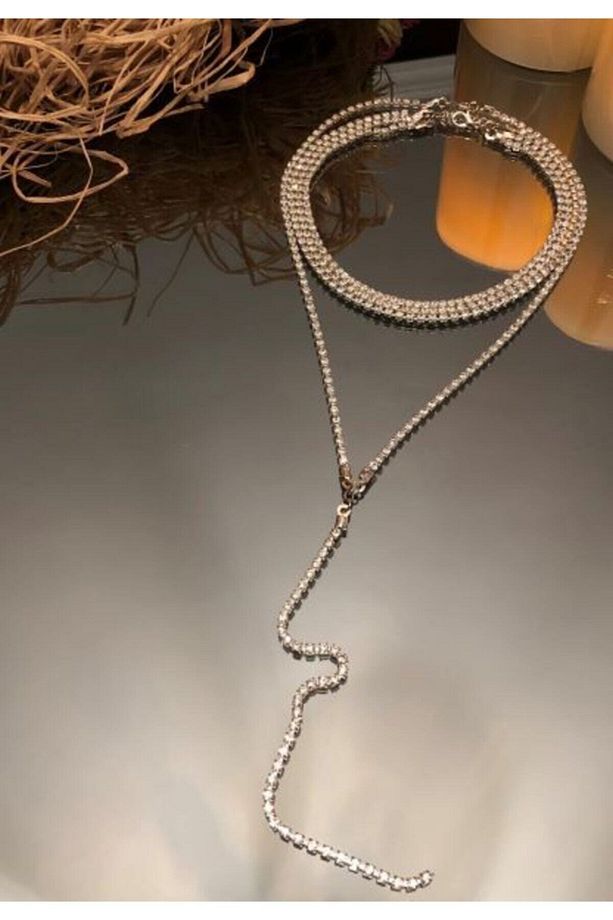 Kristal Taşlı Üç Sıra Choker Kolye Set - 2
