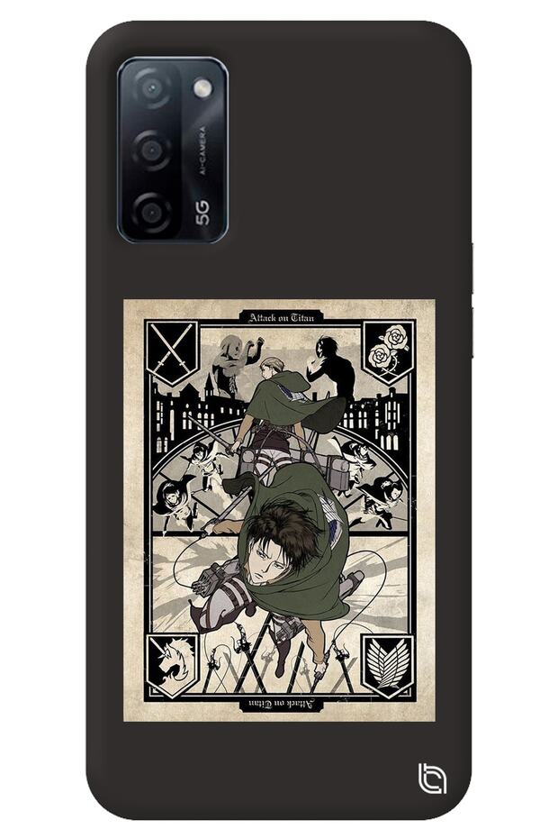 Oppo A52 Black Premium Velvet Inside Attack on Titan Patterned Silicone Phone Case