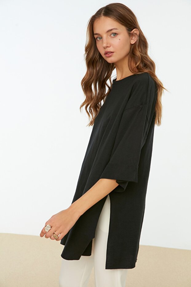 Siyah Duble Kol Geniş Kesim Asimetrik Boyfriend Örme T-Shirt TWOSS20TS0828 - 3