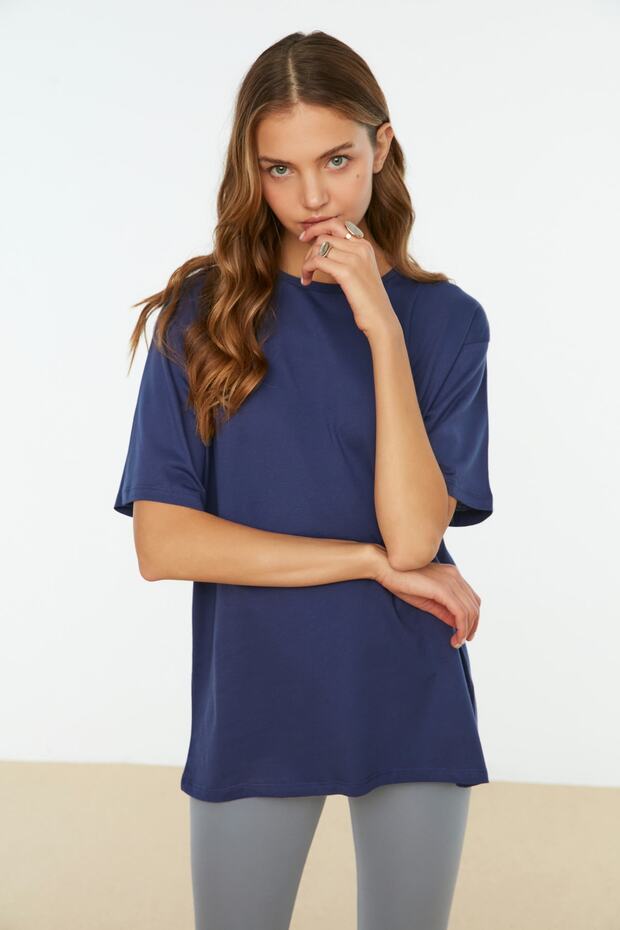 Lacivert %100 Pamuk Bisiklet Yaka Oversize/Geniş Kalıp Örme T-Shirt TWOSS20TS0134 - 7