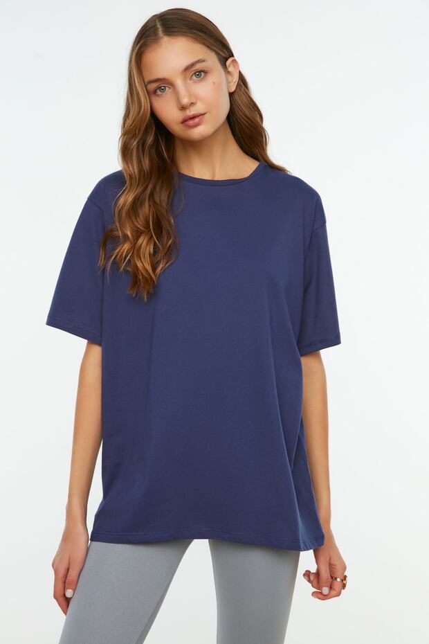 Lacivert %100 Pamuk Bisiklet Yaka Oversize/Geniş Kalıp Örme T-Shirt TWOSS20TS0134 - 11