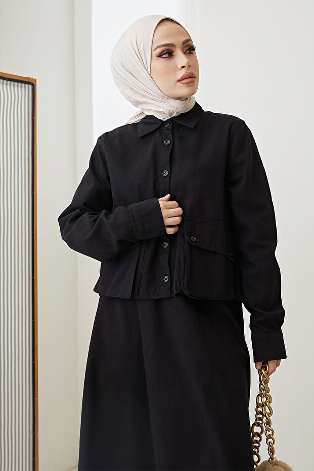 بدلة إلسا كتان بأزرار - أسود - 3