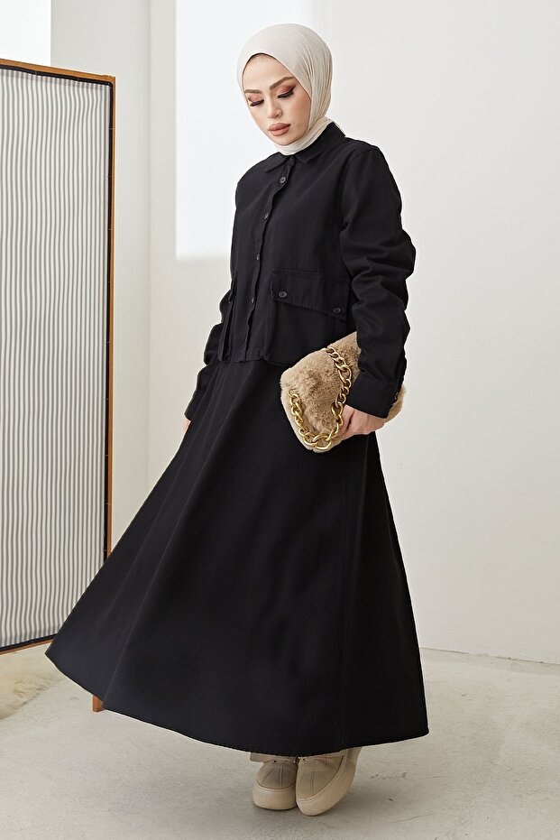 بدلة إلسا كتان بأزرار - أسود - 4