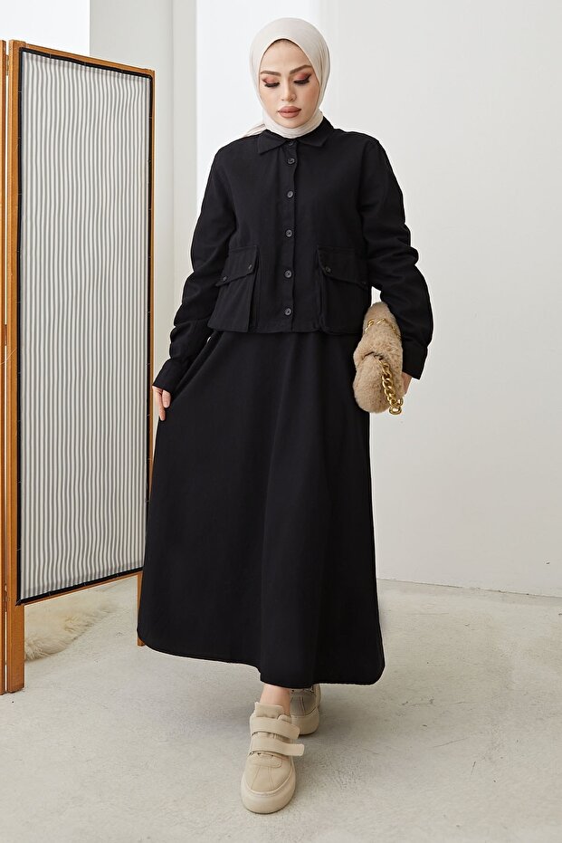 بدلة إلسا كتان بأزرار - أسود - 5