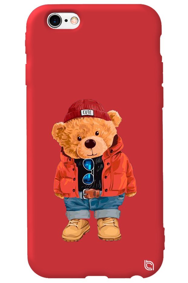 iPhone 6 Plus Red Color Premium Velvet Inside Teddy Bear Patterned Silicone Phone Case