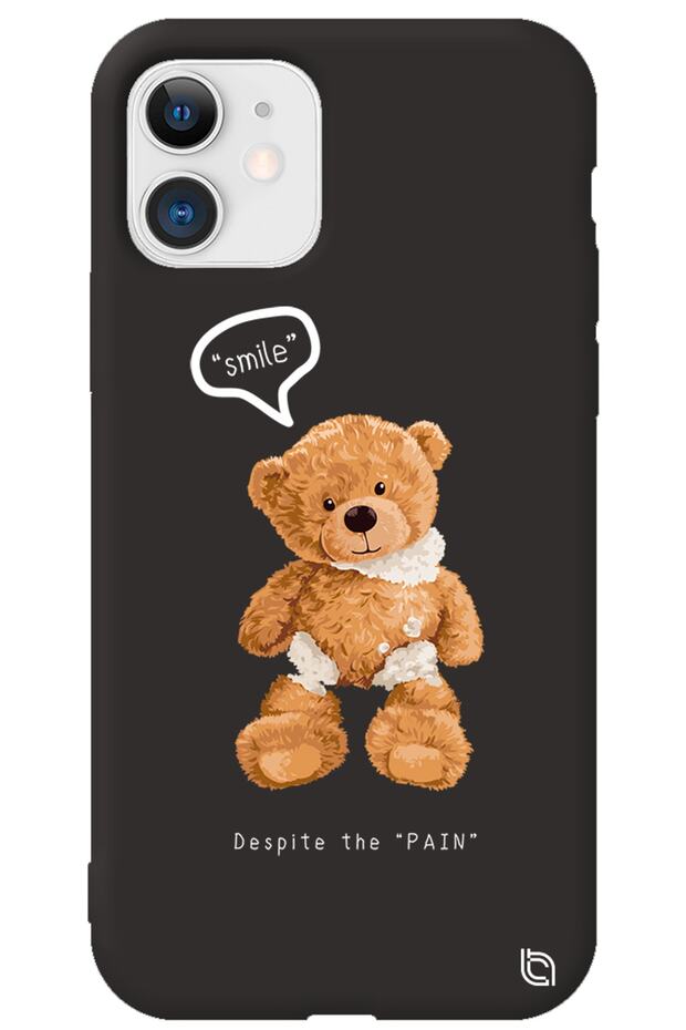 iPhone 12 Black Color Premium Velvet Teddy Bear Patterned Silicone Phone Case