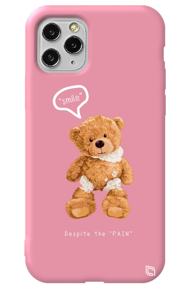iPhone 11 Pro Max Pink Color Premium Velvet Teddy Bear Patterned Silicone Phone Case