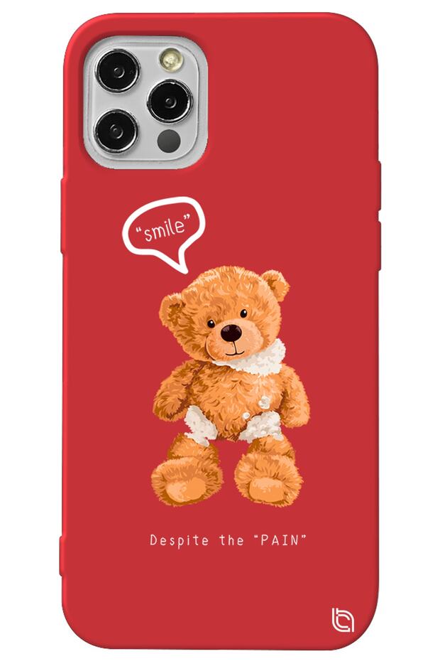 Iphone 13 Pro Max Red Color Premium Silicone Phone Case with Velvet Inside Teddy Bear Pattern