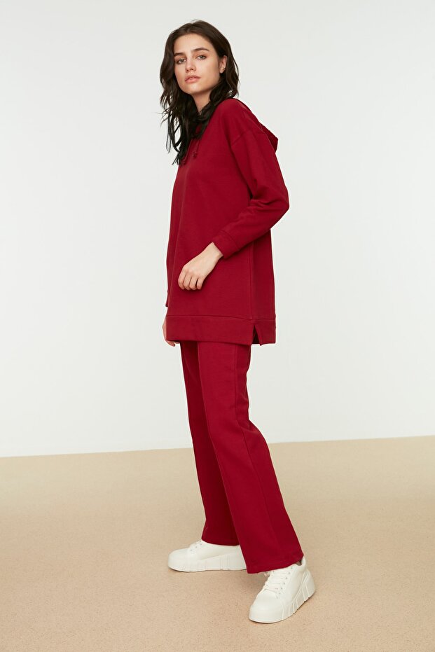 Burgundy Oversize Basic Hooded Knitted Tracksuit Set Tctaw22En0005
